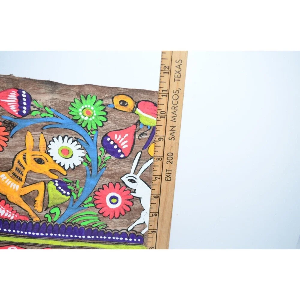 Vtg Mexican Folk Art Amate‎ Bark Painting Bright Colors Flowers Fox Rabbit bunny